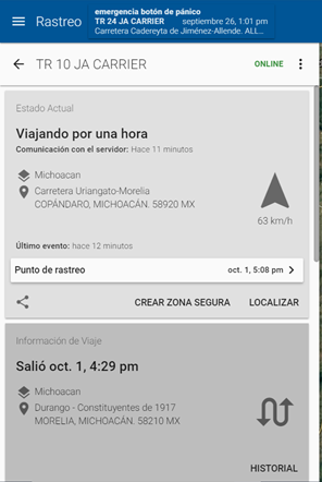 Vista móvil real de una unidad, su estado y su información de viaje